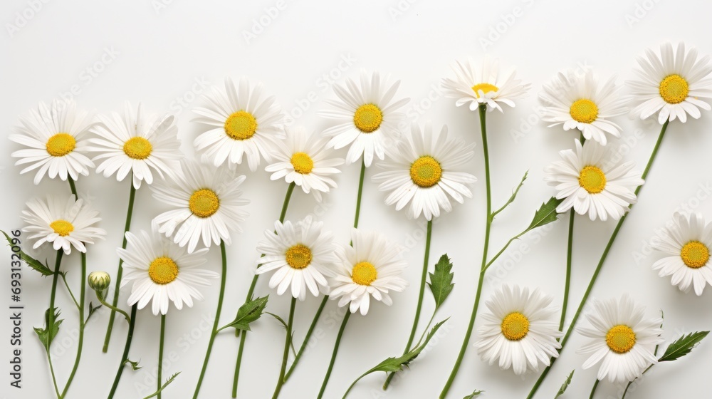 Poster a bunch of daisies are arranged in a row on a white background with a yellow center and a few smalle