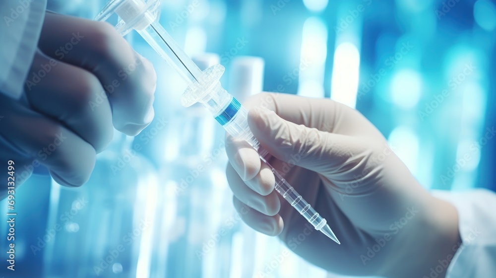 Poster a close up of a person in a lab coat holding a syringe with a liquid inside of it and a person in a 