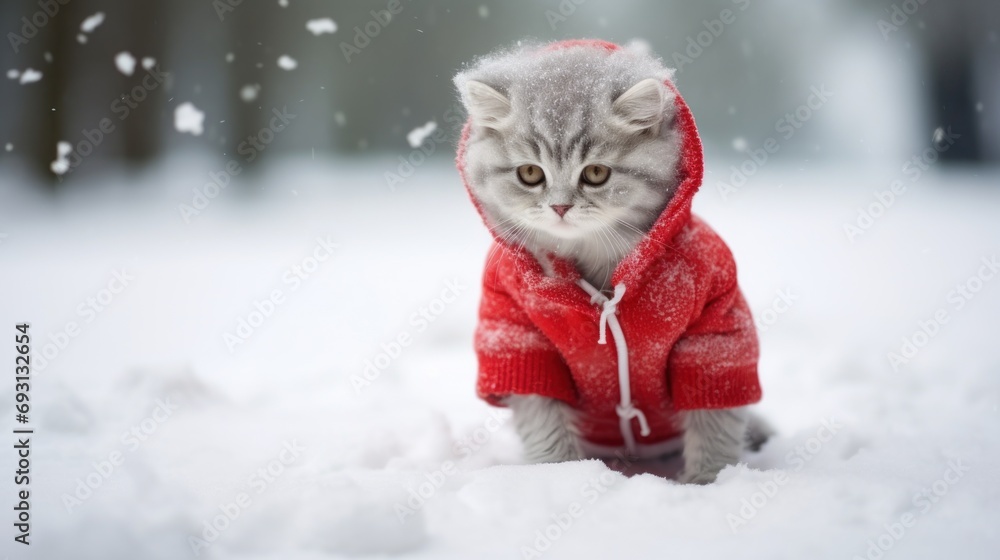 Poster a grey and white cat wearing a red coat in the snow with snow flakes on the ground behind it and a f