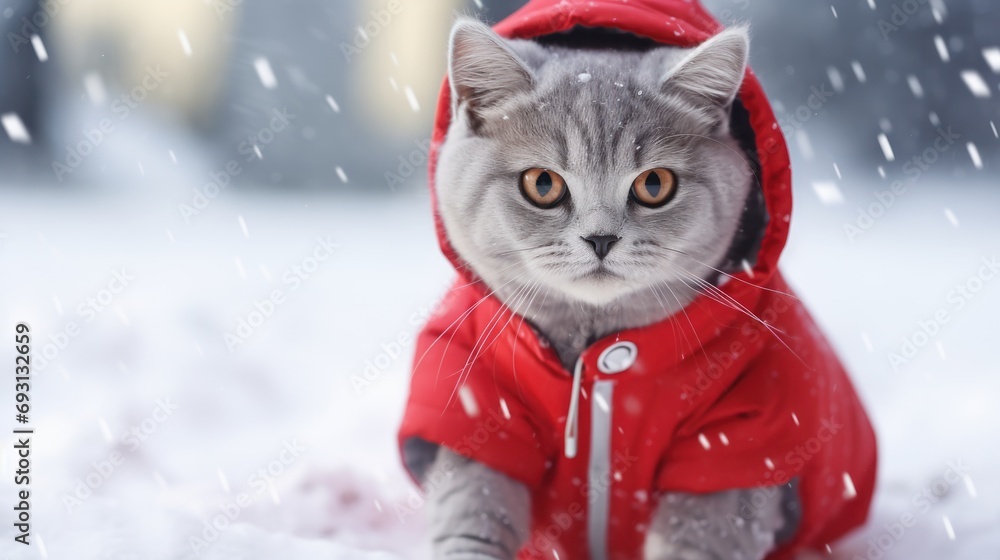 Poster a gray cat wearing a red coat in the snow with it's eyes wide open and looking at the camera with a 