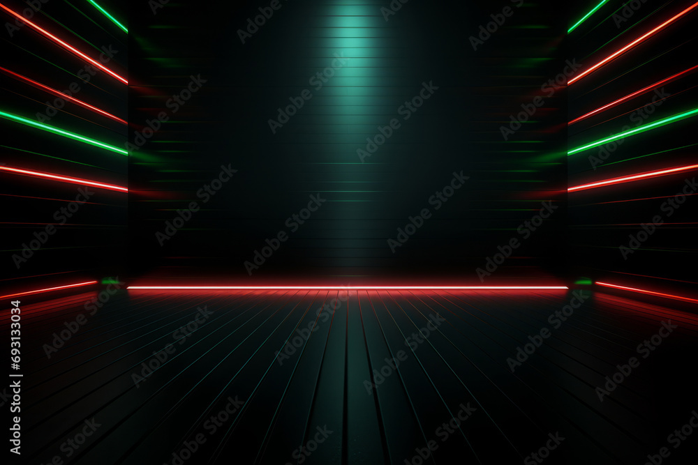 Poster empty room with neon glowing lines on dark background. abstract futuristic background with copy spac