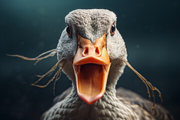 Aggressive duck attacks. Close up portrait shot of angry goose with open beak - obrazy, fototapety, plakaty