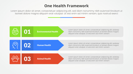 one health infographic concept for slide presentation with rectangle arrow stack with 3 point list with flat style