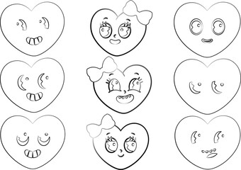 Trendy retro cartoon heart characters. groovy, vintage, 70s 60s style, black and withe, lineart