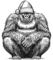Vintage engraving isolated gorilla set dressed christmas illustration ape ink santa costume sketch. Monkey kong background primate silhouette new year hat art. Black and white hand drawn image - obrazy, fototapety, plakaty