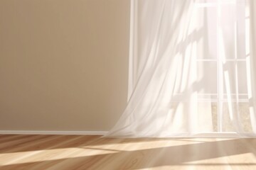 Realistic 3D render of beautiful sunlight and window frame shadow on beige blank wall, white sheer curtains blowing in the wind in an empty room. Shiny new wooden parquet floor. generative ai. - obrazy, fototapety, plakaty