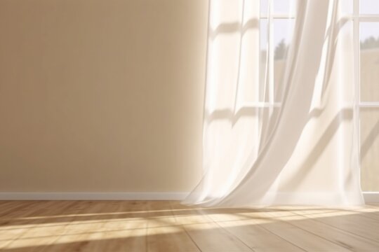 Realistic 3D render of beautiful sunlight and window frame shadow on beige blank wall, white sheer curtains blowing in the wind in an empty room. Shiny new wooden parquet floor. generative ai.