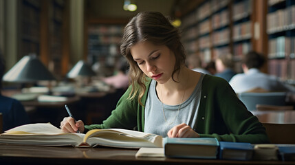 woman reading a book in the library. female campus student studying in a public room in university.