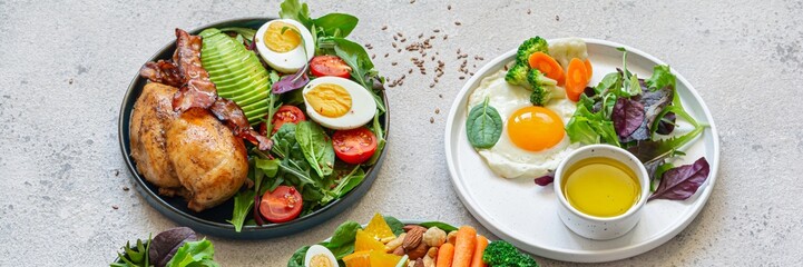 Vegetable plates with meat, fish and eggs. Complete diet for the day. Various breakfasts, lunches,...