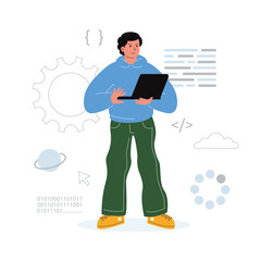 A man stands and holds a laptop in his hands, around it are windows with a code, a download symbol, and a cloud system. Programmer, coder, information systems engineer, developer.