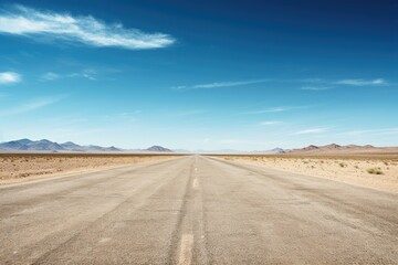 Endless desert highway road under a vast blue sky. Travel Concept.