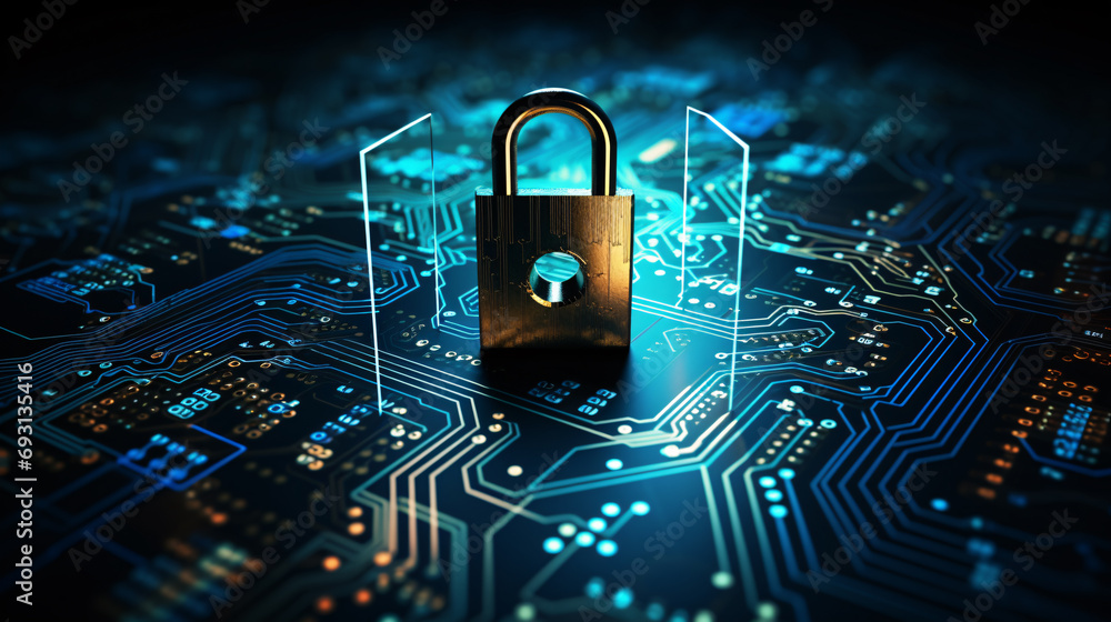 Poster a golden padlock and illuminated digital circuit board with green blue and red neon glow light, symb