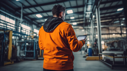 A man in a modern factory with a tablet in his hands.	
