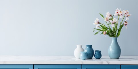 Minimalistic bright interior in Scandinavian-style apartment with blue furniture, showcasing empty marble countertop and cupboard with tableware and fresh flower-filled vases.