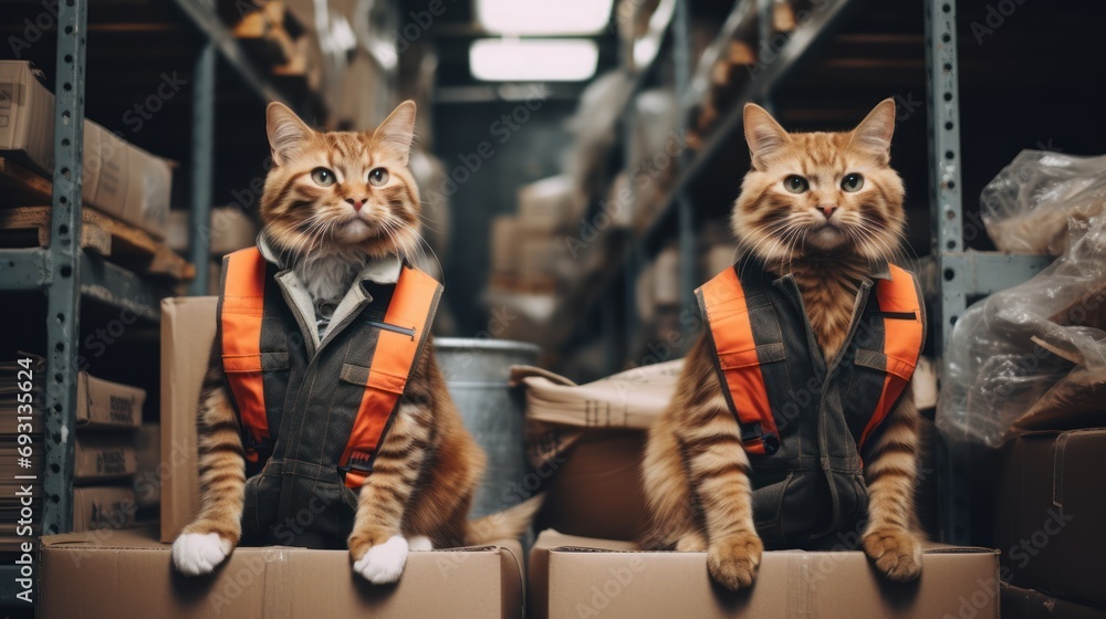 Poster a couple of cats sitting on top of boxes in the middle of a room with boxes on the floor and one cat