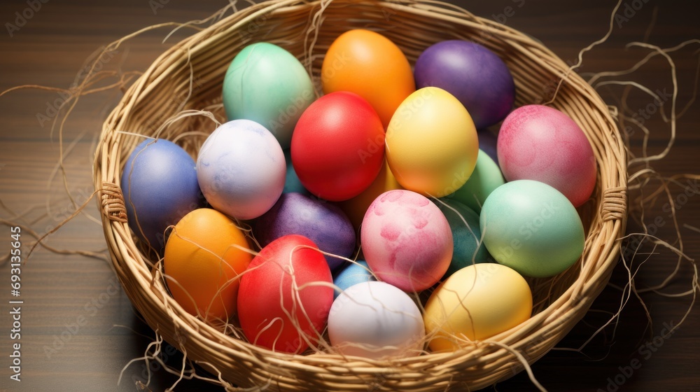 Poster a basket filled with different colored eggs on top of a wooden table next to twine of twine of twine