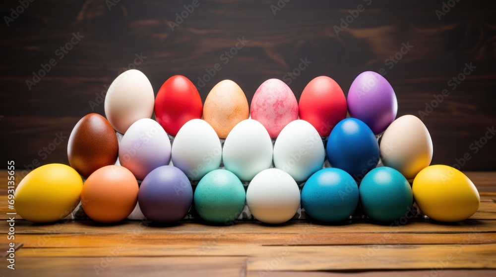 Poster a row of colored eggs sitting on top of a wooden table in front of a dark background with a wooden t
