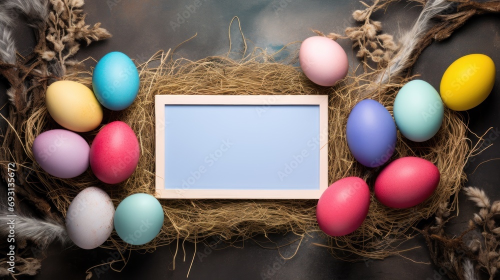 Poster a picture frame surrounded by colored eggs on a black background with a place for a text or an image
