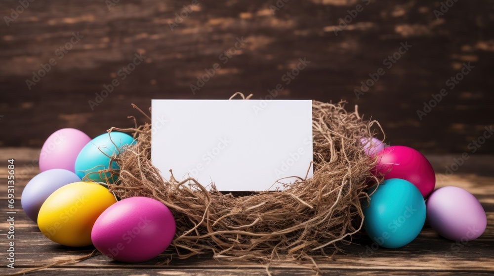 Aufkleber a nest of colored eggs with a blank card in the middle of the nest on a wooden background with a pla