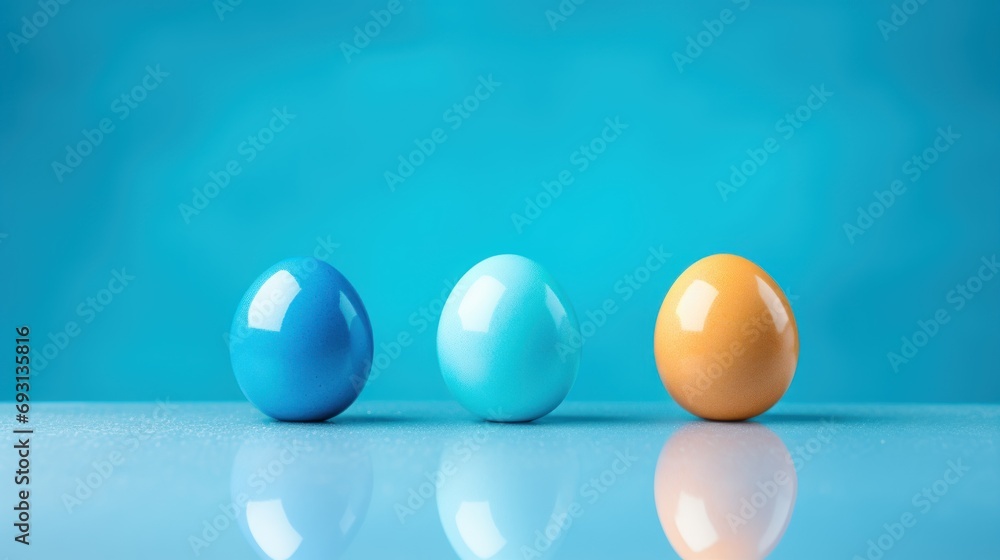 Poster a group of three eggs sitting next to each other on top of a blue surface with a reflection of the e