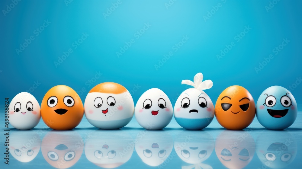 Poster a row of eggs with faces drawn on them, all lined up in a row, with one egg in the middle of the row