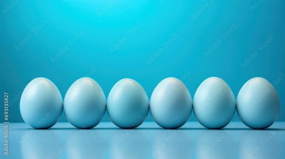 Poster a row of blue eggs sitting in front of a blue background with only one egg in the middle of the row 