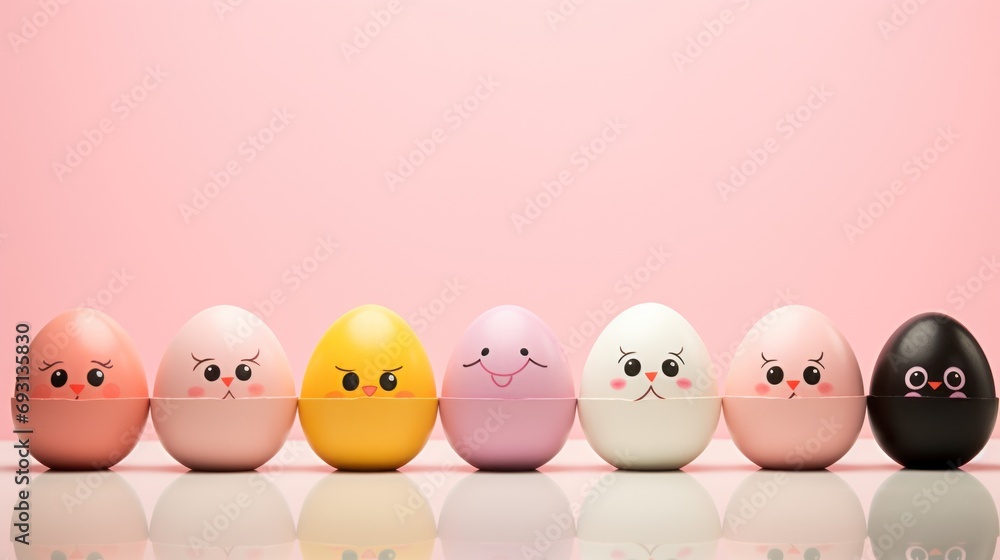 Poster a row of different colored eggs with faces drawn on them in front of a pink background with a reflec