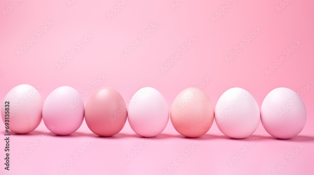 Poster a row of pink and white eggs on a pink background with one egg in the middle of the row and one egg 