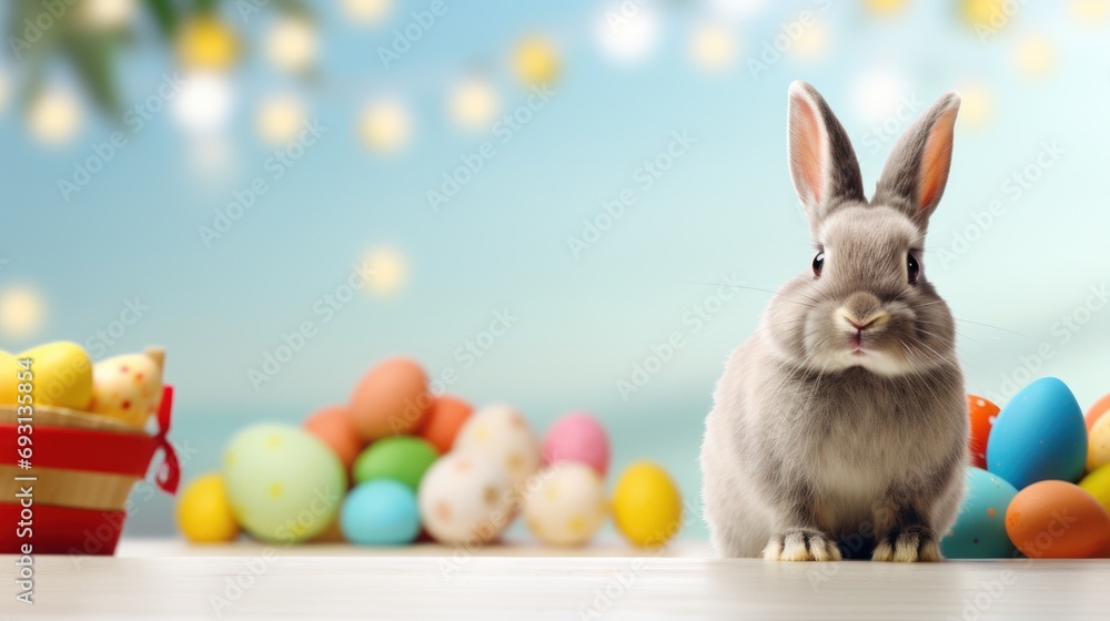 Poster a rabbit is sitting in front of a basket of easter eggs and a basket of colored eggs on a table in f