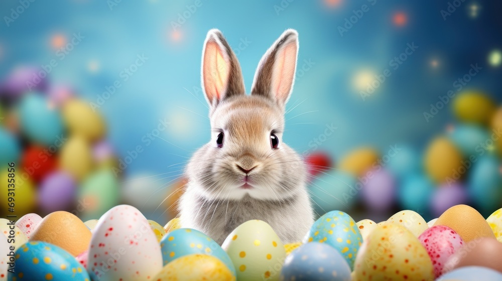 Poster a rabbit sitting in front of a bunch of eggs with a blue sky in the background and stars in the sky 