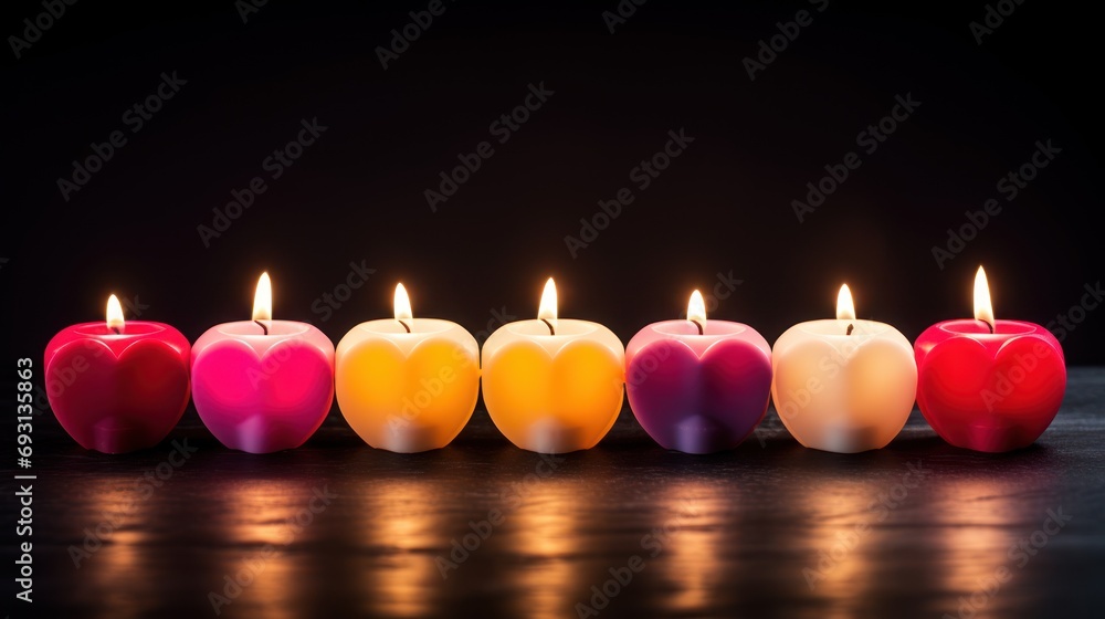 Poster a row of candles sitting next to each other in front of a black background with a row of red, yellow