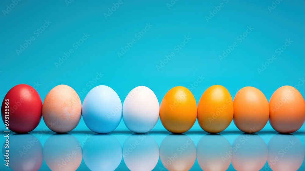 Poster a row of eggs sitting in front of each other on a blue and blue background with a reflection of the 