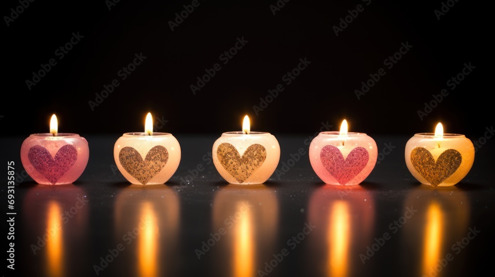 Poster a row of lit candles in the shape of a heart on a black surface with a reflection of the candle in t