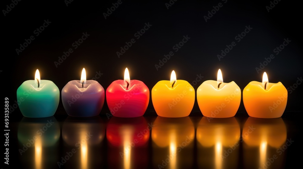 Poster a row of lit candles sitting next to each other on top of a black surface with a reflection on the f
