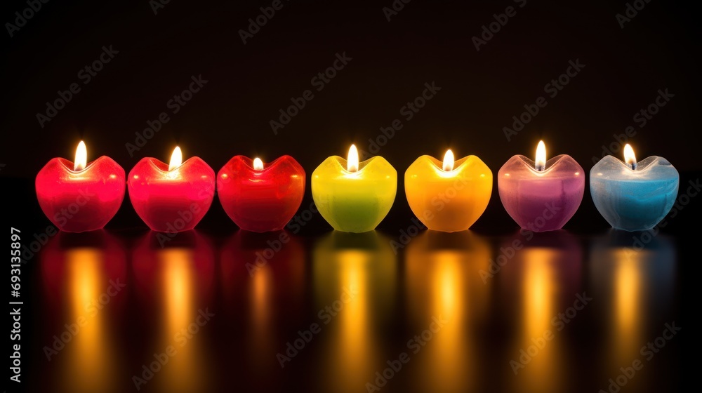 Aufkleber a row of lit candles sitting next to each other on top of a black surface with a reflection of the c
