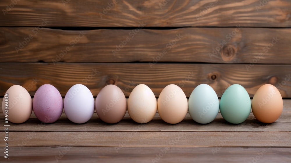 Poster a row of different colored eggs sitting on top of a wooden table in front of a wooden planked wall a