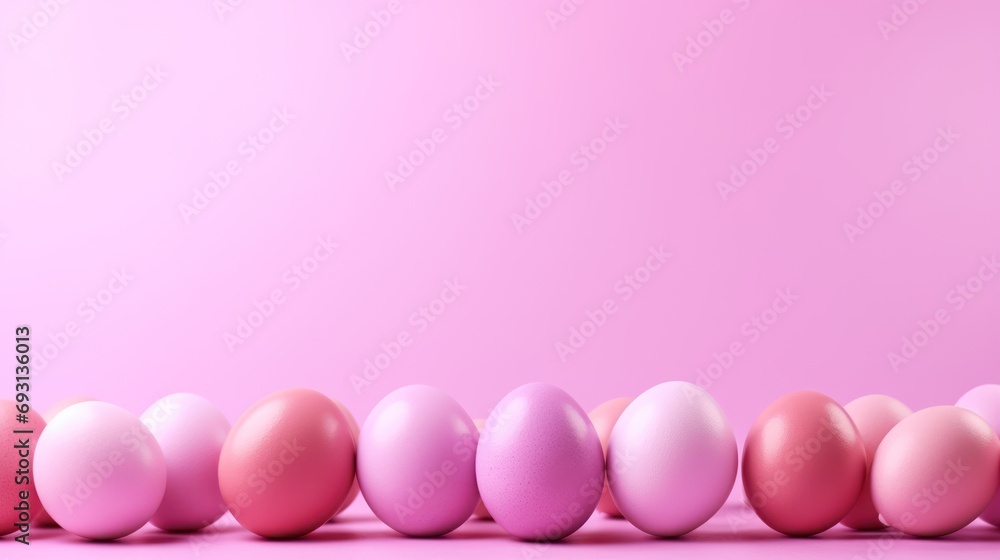 Poster a row of pink and white eggs sitting on top of a pink surface with one egg in the middle of the row 