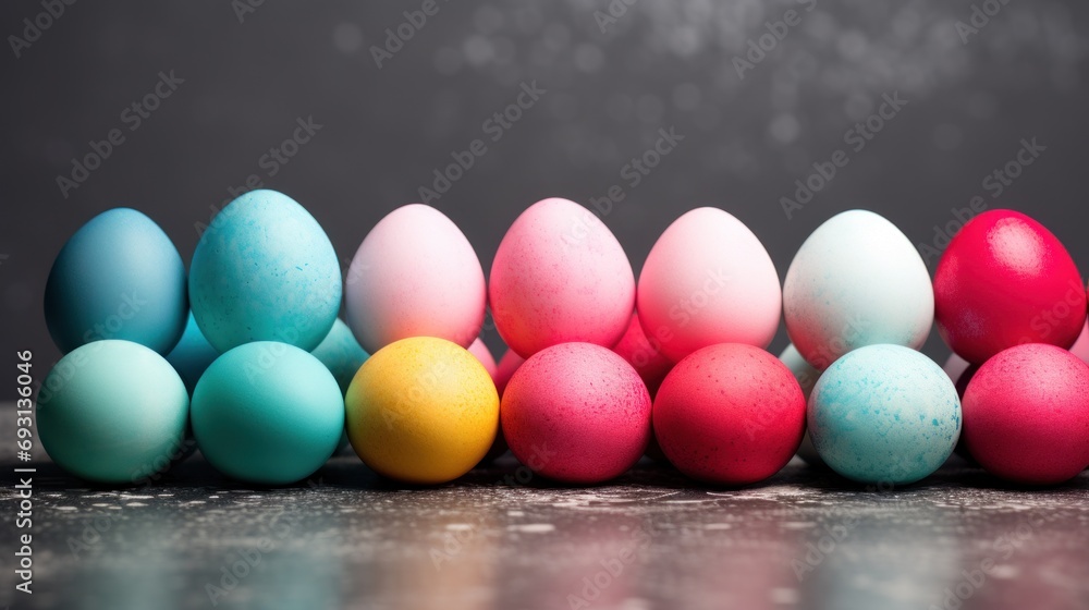 Poster a row of colored eggs sitting next to each other on top of a wooden table in front of a black backgr