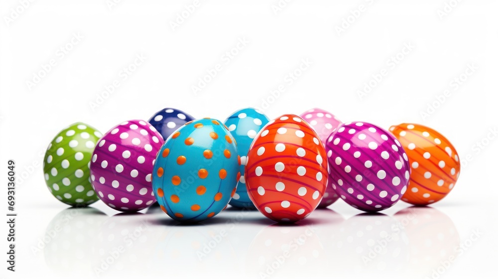 Poster a row of multicolored polka dot easter eggs on a white background with a reflection of the whole egg