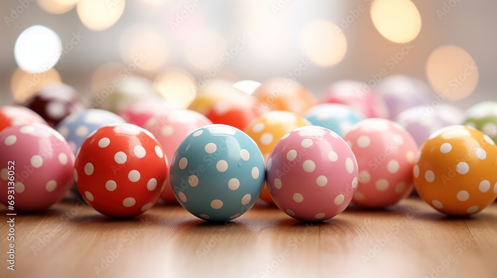 Aufkleber a group of multicolored polka dot eggs on a wooden table in front of a blurry background of boke of 