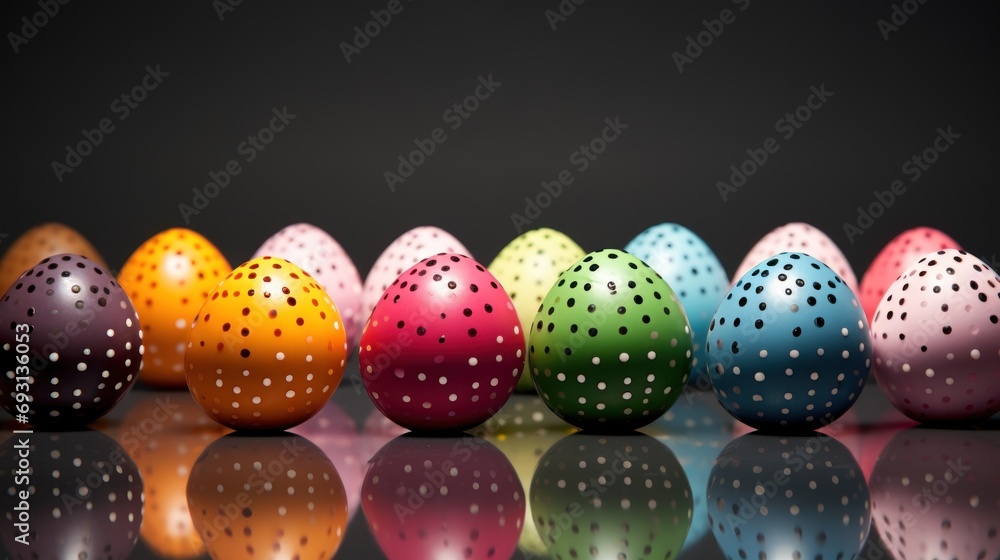 Poster a row of brightly colored eggs sitting on top of a reflective surface with white dots on the top of 