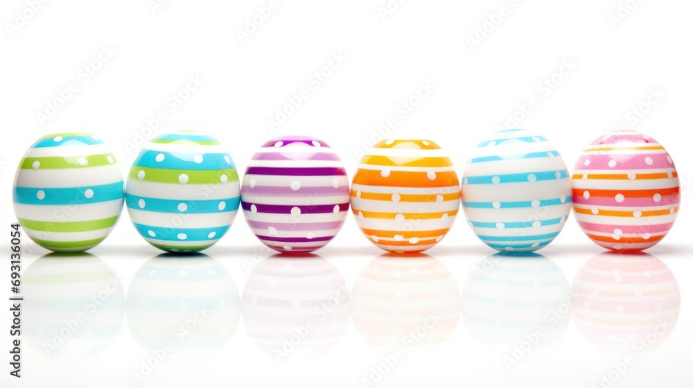 Poster a row of painted easter eggs sitting on top of a white surface with a reflection of the eggs in the 