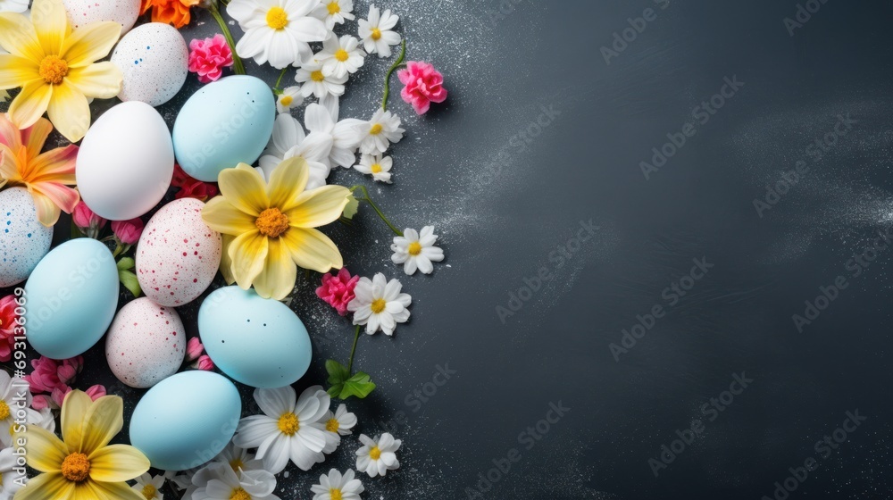 Poster a bunch of colorful eggs and flowers on a black background with a place for an inscription in the mi