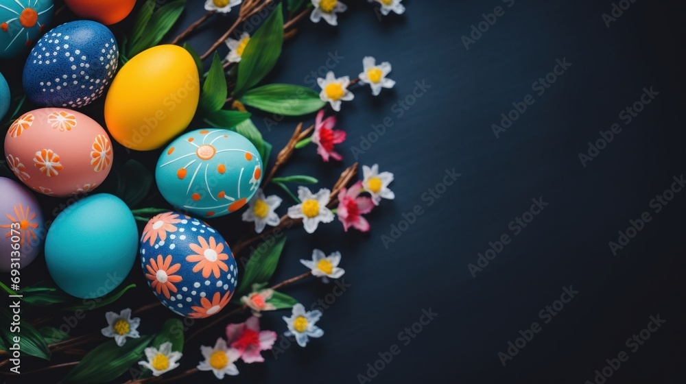 Poster a bunch of colorful easter eggs sitting on top of a table next to a bunch of daisies and a twig with