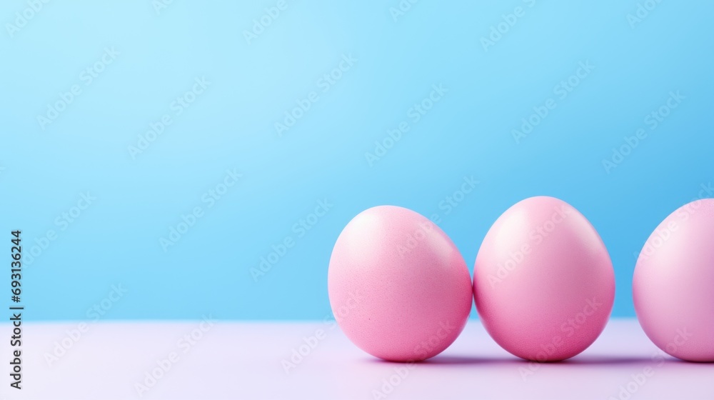 Poster three pink eggs lined up in a row on a blue background with copy - space in the middle of the photo,