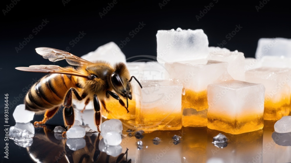 Poster a close up of a honey on a table with ice cubes and pieces of honey on a table with ice cubes and a 