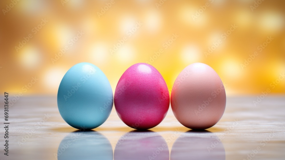 Poster a group of three eggs sitting next to each other on top of a counter top next to a yellow and blue e