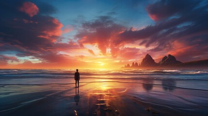sunrise on a deserted beach with a person contemplating the display of colors, full of peace and happiness. generative ai - obrazy, fototapety, plakaty