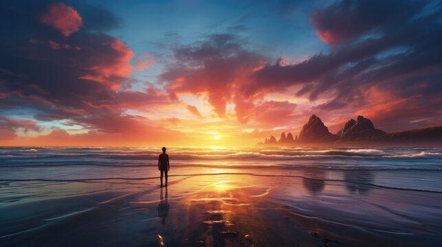 sunrise on a deserted beach with a person contemplating the display of colors, full of peace and happiness. generative ai