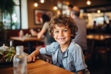 Smiling Young Boy Enjoying a Meal in a Busy Restaurant
 - obrazy, fototapety, plakaty